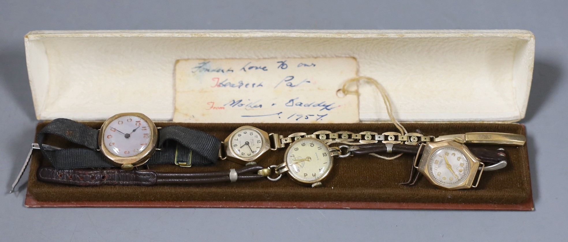 Four lady's assorted yellow metal manual wind wrist watches, including Cyma and Avia, two stamped 9ct gold.